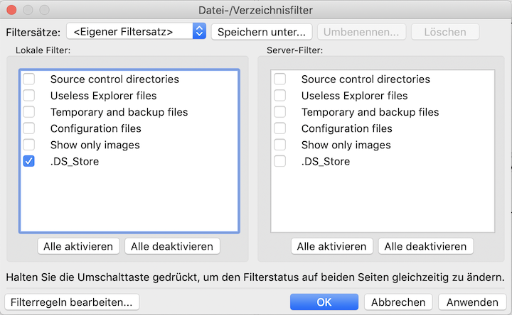 Blog Filezilla einrichten und MAC spezifische Dateien ausblenden 11